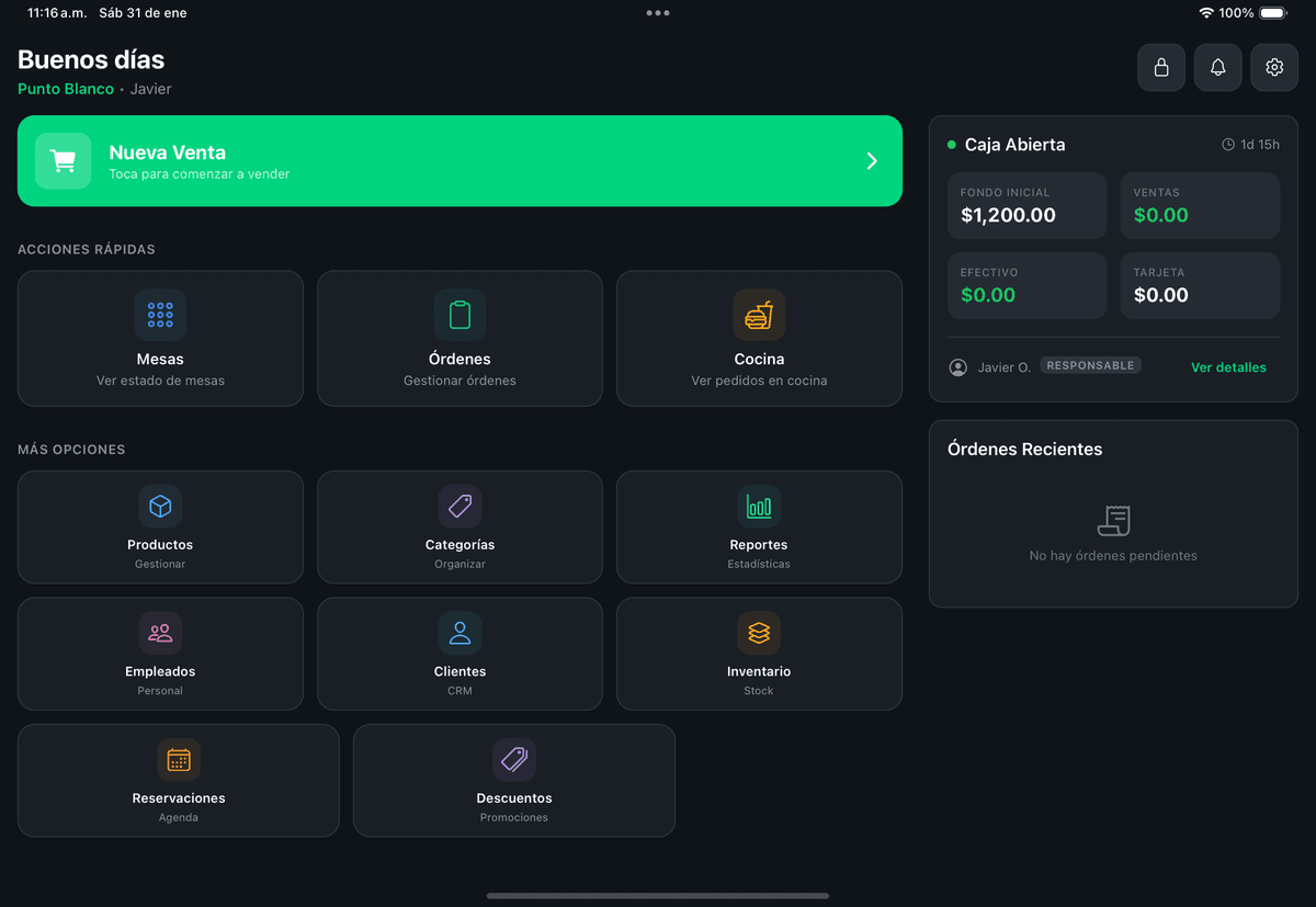 Dashboard principal con acceso a mesas