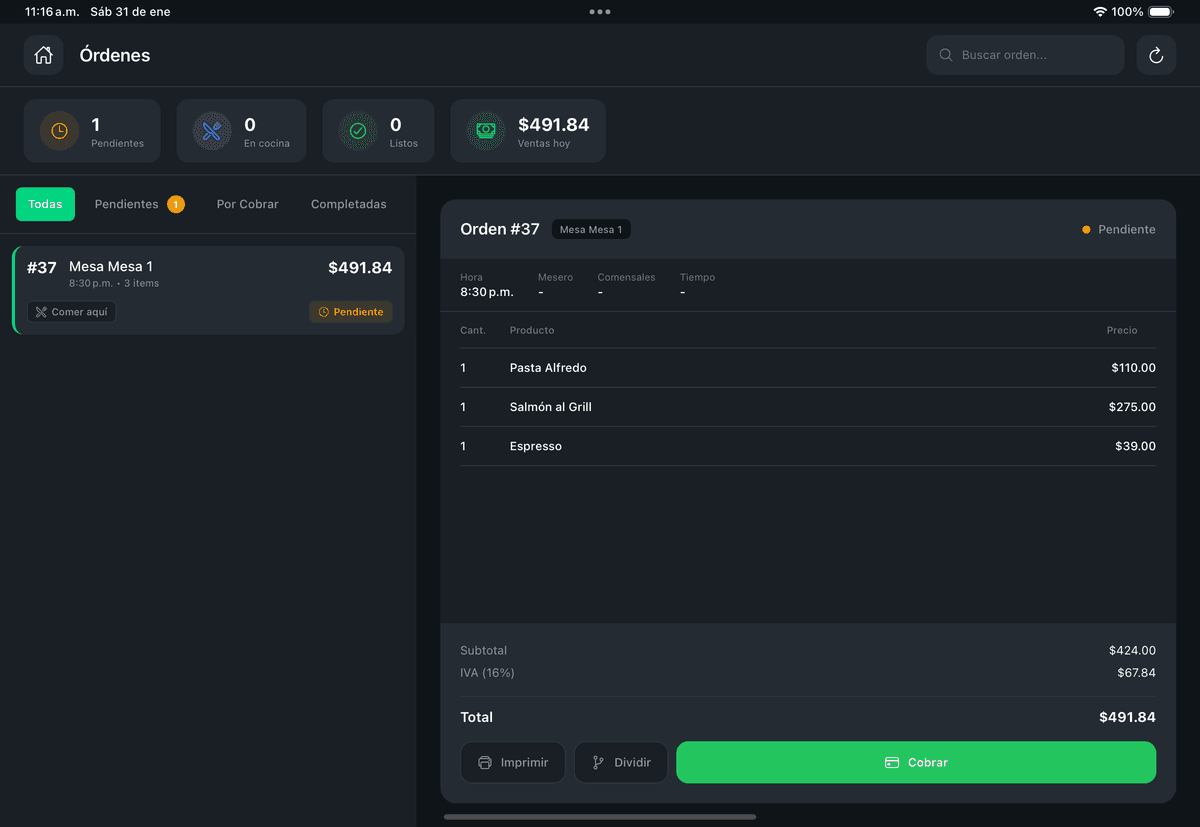 Gestión de órdenes y cobros