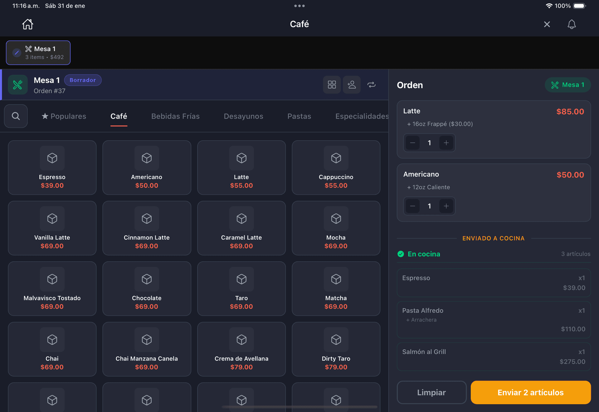 Interfaz del POS de Oden mostrando el menú de productos