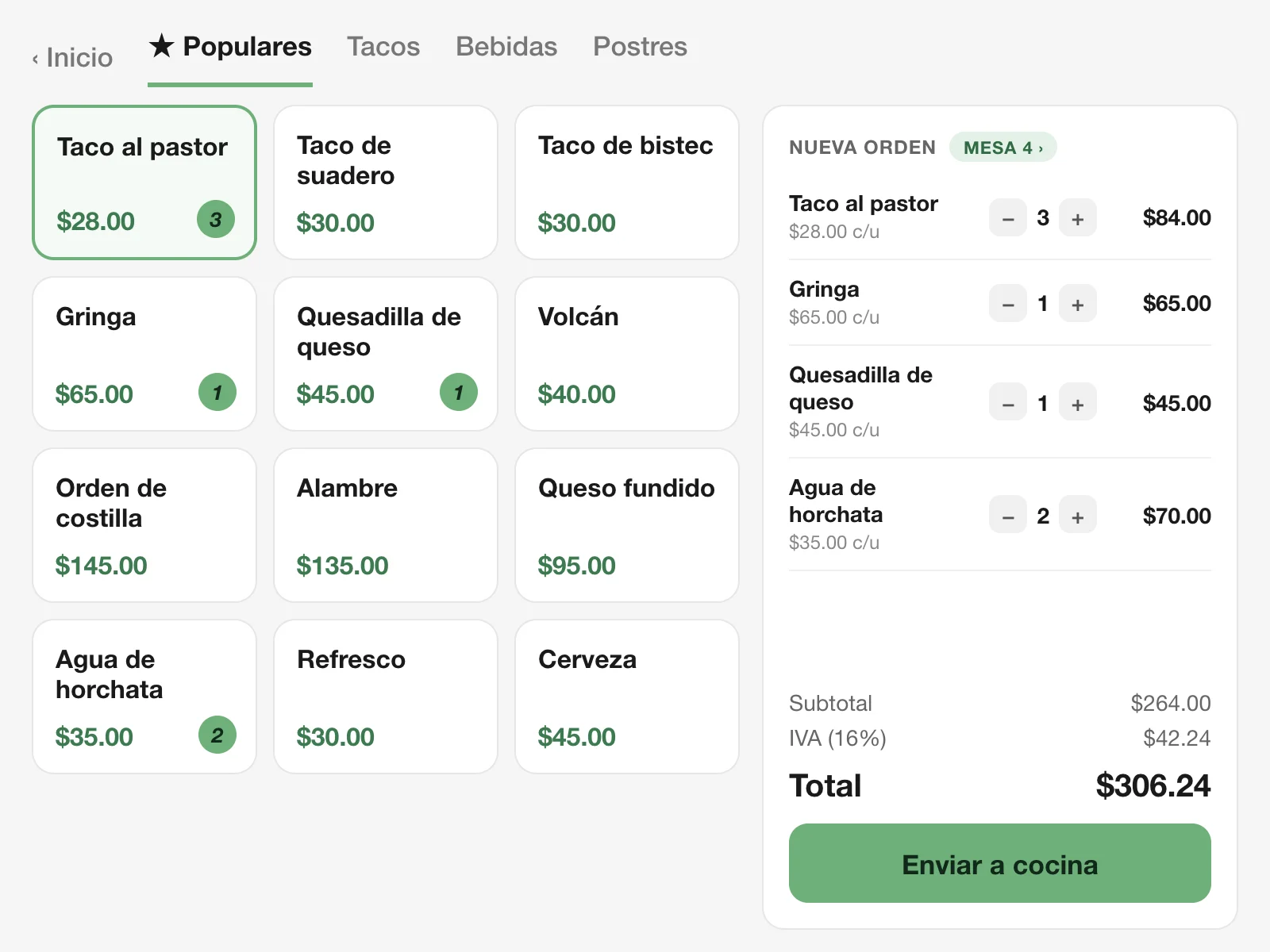 Tela de venda da Oden com o pedido da Mesa 4 e o botão Enviar para a cozinha