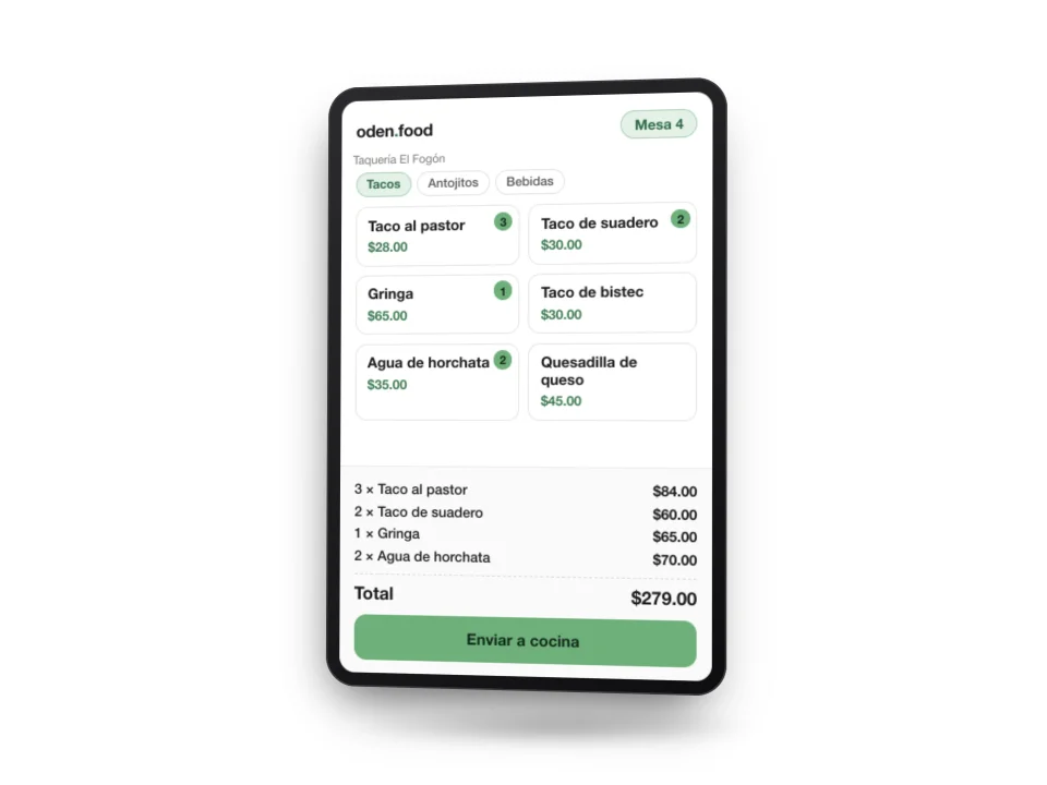 Upright 11-inch tablet with the Oden waiter app on screen