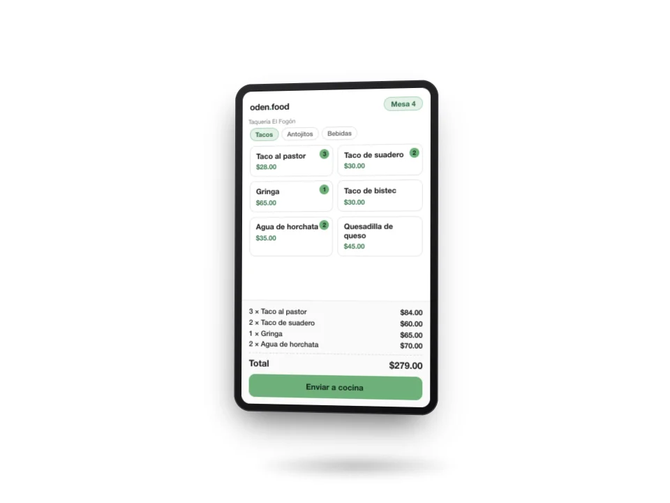 Upright tablet with the Oden waiter app on screen
