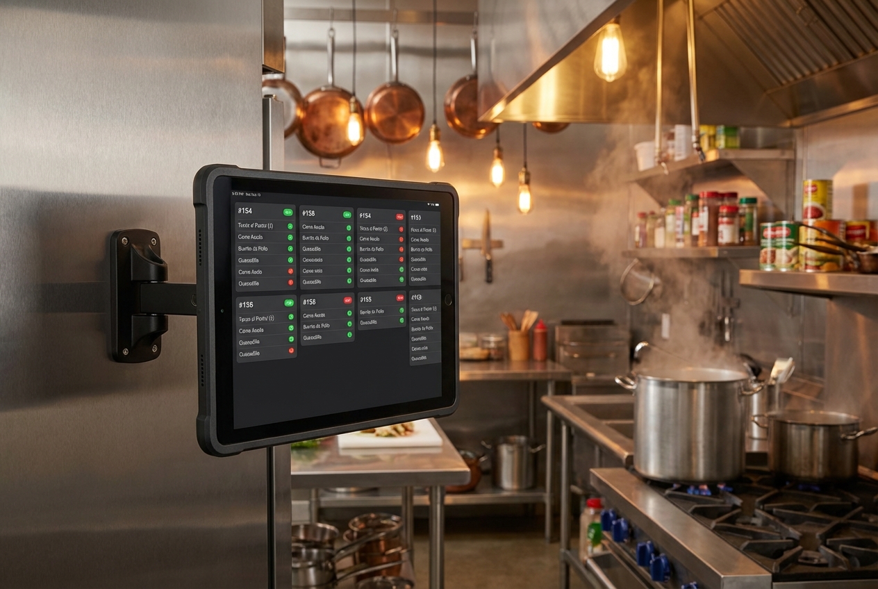 Tela de cozinha (KDS) com pedidos em tempo real